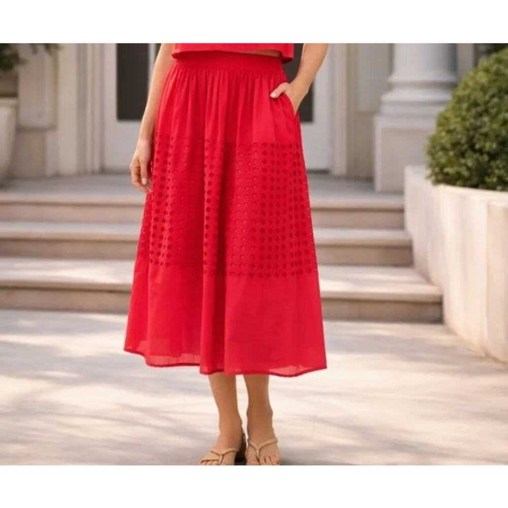 Jennifer & Grace Coral Red Tiered Eyelet Embroidery Maxi Skirt NWT $148 MED